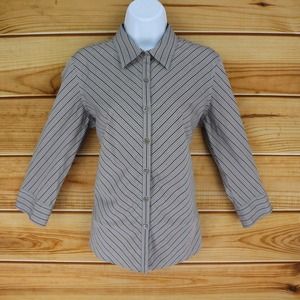 Covington Button Up Dress Shirt Womens Sz M Gray Striped 100% Cotton 3/4 Sleeves